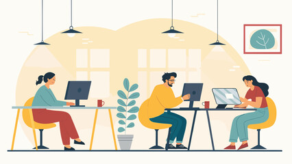 Diverse team of professionals collaborating and working on computers in a modern, bright office environment.