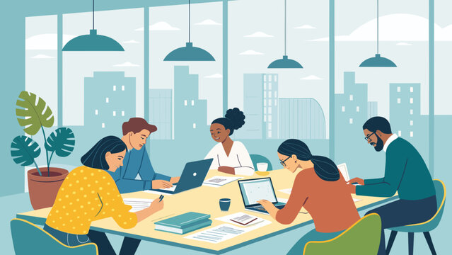 Diverse group of professionals collaborating on laptops around a modern conference table in a bright office setting.