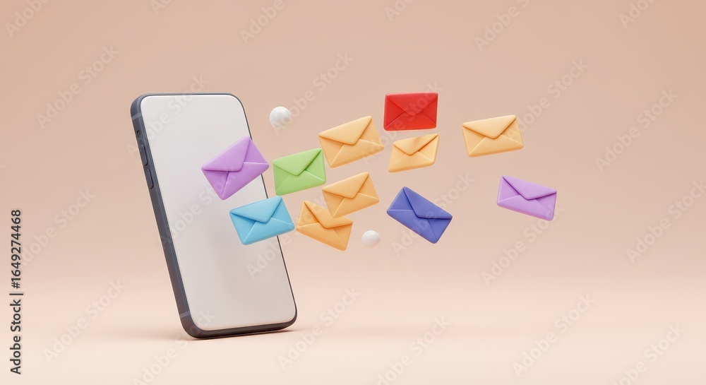 Poster smartphone delivering messages, communication symbolized by envelope rendering concept