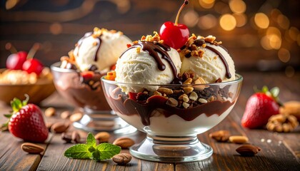 Delicious ice cream sundae with fresh toppings a sweet, delightful treat to enjoy