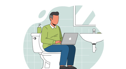 Man working remotely on his laptop while sitting on the toilet in a modern bathroom setting.