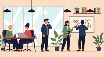 Diverse team collaborates on business strategy in a modern office with a whiteboard presentation.