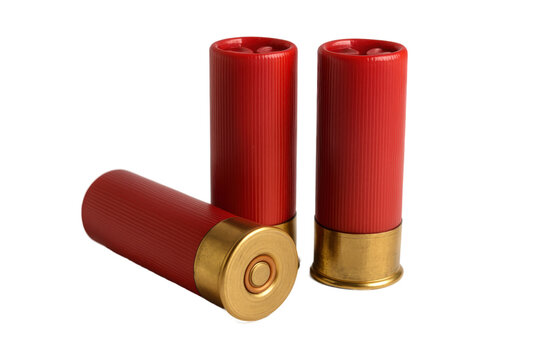 Three red shotgun shells with brass bases isolated on white background, close-up view of hunting ammunition for firearms and shooting sports