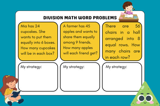 An educational worksheet template featuring division math word problems for elementary school children to practice and learn.