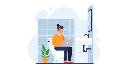 Person working remotely on a laptop while sitting on the toilet in a modern bathroom, headphones on.
