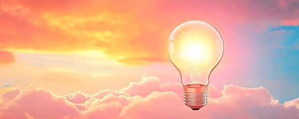 Breakthrough possibility ideas concept, A glowing light bulb illuminates the colorful sky during sunset. The vibrant clouds create an inspiring and serene atmosphere, symbolizing creativity and hope.