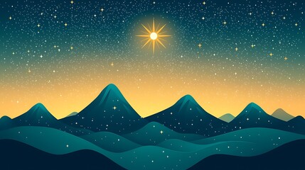 Breakthrough possibility ideas concept, A serene landscape featuring silhouetted mountains under a starry sky, highlighted by a bright sun and sparkling stars, evoking tranquility and beauty.