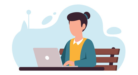 Person working on a laptop computer while sitting on a park bench with a stylized background.