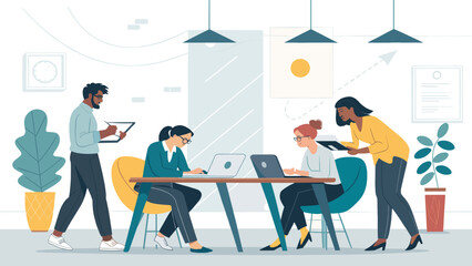 Diverse professionals actively collaborate in a contemporary open-plan office setting, utilizing technology for efficient teamwork and productivity.