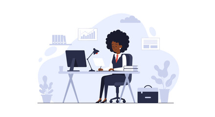 A professional Black woman works diligently at her desk in a modern office setting, focusing on her tasks.