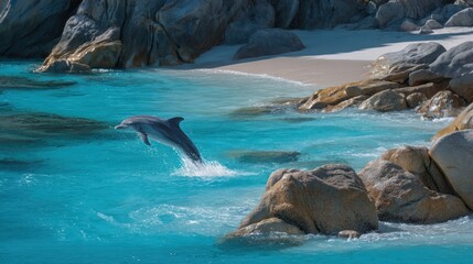 Dolphin leaping in turquoise water, rocky shore