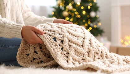 Woman Holding Knitted Blanket By Christmas Tree