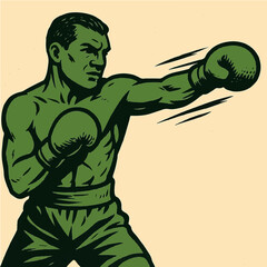 Power Punch: A determined boxer with a powerful green silhouette throws a dynamic punch, symbolizing strength and athletic prowess, showcasing focused energy in this illustration.