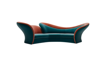 Elegant teal and coral sofa isolated on transparent background offers a stylish seating solution for modern living rooms