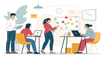 Diverse team collaborates on a project, brainstorming ideas and planning strategies in a modern office environment.