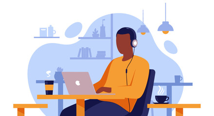 A man wearing headphones works on his laptop at a cafe table with coffee and a drink.