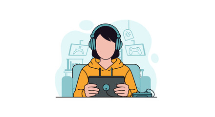 Person wearing headphones plays a video game on a tablet, immersed in virtual entertainment and digital fun.