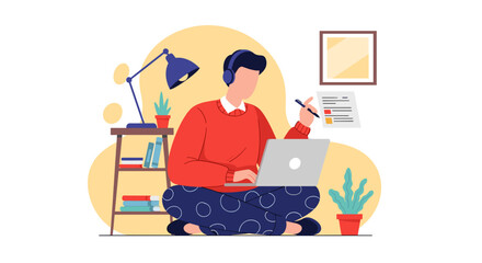A focused man in headphones works remotely on his laptop from the comfort of his home, illustrating modern digital nomad lifestyle and online education.