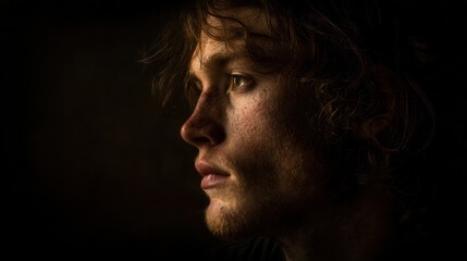 Close-up profile of a young man with reddish-brown hair