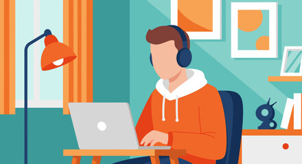 This vibrant illustration captures a focused individual in an orange hoodie and headphones working remotely on a laptop in a modern home office setting.