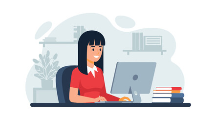 A smiling young woman with dark hair is diligently working on a desktop computer in a modern office or home study environment, illustrating productivity and remote work.