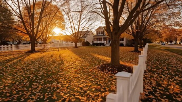 Autumn Landscape of Suburban Neighborhood with Golden Leaves
