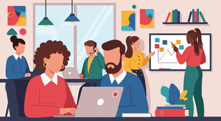 A diverse team of professionals collaborates in a vibrant, modern open-plan office, engaging in productive meetings and individual tasks for business success.