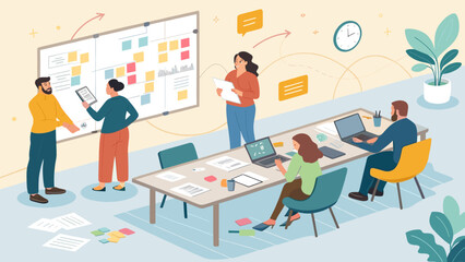 A diverse team of professionals actively collaborates in a modern office space, utilizing a whiteboard for brainstorming and project organization.