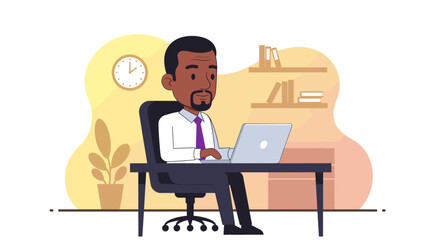 An animated Black professional is diligently working on a laptop computer at a modern office desk, showcasing productivity and remote work.