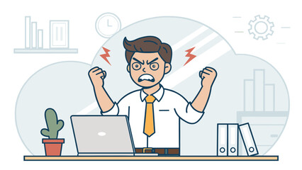 A furious cartoon businessman clenches his fists at his desk, expressing intense frustration and stress from overwhelming work pressure in the office.