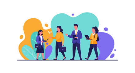 Diverse professionals engage in collaborative communication and networking, utilizing modern technology within a dynamic business environment.