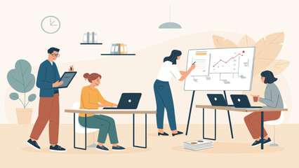 Modern business professionals collaborate efficiently in a vibrant office space, utilizing technology for data analysis and strategic planning towards success.