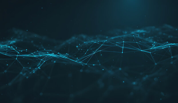 Abstract glowing digital network of interconnected lines and nodes in dark blue and teal colors - Powered by Adobe