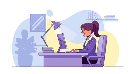 A focused young woman diligently works on her computer at a modern desk, illuminated by a task lamp in a contemporary home office setting.