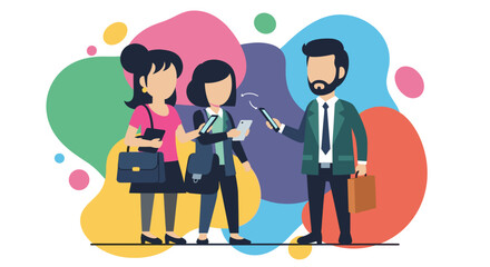 A vibrant illustration captures a male journalist interviewing two female professionals, symbolizing effective communication, media interaction, and public relations.