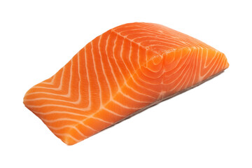 Fresh raw salmon fillet with vibrant orange flesh and rich marbling, isolated on white background, perfect for sushi, sashimi, or gourmet seafood recipes. High-quality, healthy source of protein and o