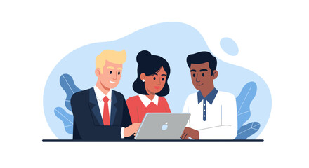 A diverse team of three professionals actively collaborates around a laptop, symbolizing effective teamwork, digital communication, and modern business strategy.