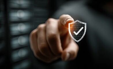Hand points at digital shield with checkmark