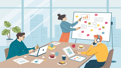 A dynamic team collaborates in a modern office, developing new strategies during an engaging business meeting with charts and digital tools.