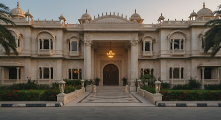 Fototapeta premium Beautiful India home exterior showcasing opulent mansion with grand entrance and marble exteriors