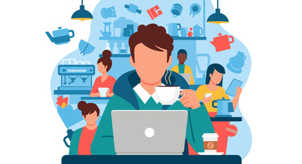 A focused man sips coffee while productively working on his laptop amidst a bustling cafe environment, representing modern remote work and digital connectivity.