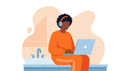 An illustration depicting a focused individual wearing headphones and an orange tracksuit, diligently working on a laptop in a contemporary home setting.