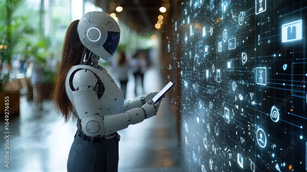 Poster robot overlord commands an army of smart devices in a dark futuristic setting