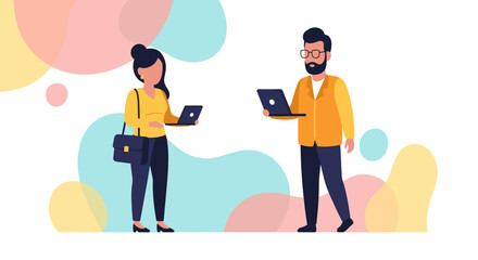Flat design illustration of a man and a woman, each with a laptop, symbolizing modern digital collaboration, remote work, and online professional interaction.