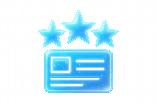 Luminous blue document gaining five-star rating, transparent backdrop highlighting digital evaluation and interface design concept