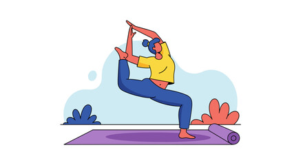 A serene woman practices a challenging yoga pose on a mat outdoors, embodying balance and mindful wellness in a modern illustration.