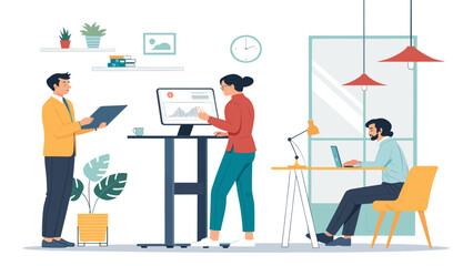 Three diverse professionals collaborate efficiently in a contemporary office setting, utilizing technology for data analysis and successful project management.