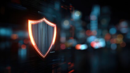 Glowing shield graphic over a dark digital interface, with a city skyline in the background