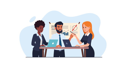 A diverse team of professionals collaborates on a strategic business project, analyzing data and discussing important financial insights in a modern office setting.