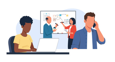Illustrative scene depicting diverse business professionals engaged in collaborative brainstorming, focused remote work, and essential phone communication.